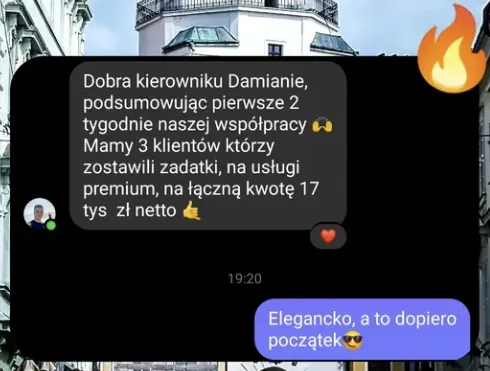 Wiadomość od klienta: pierwsze dwa tygodnie współpracy, 17 tysięcy netto